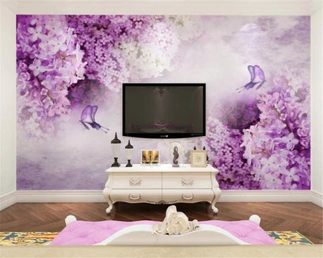 Purple butterfly wallpaper mural showcased in a bright bedroom, creating a peaceful sanctuary with soft lavender tones