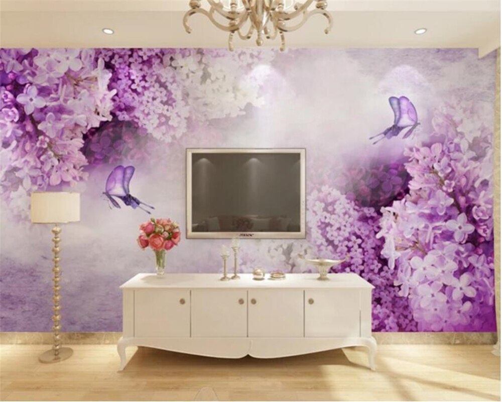 Lilac and butterfly wall mural bringing nature indoors in a modern living room setting