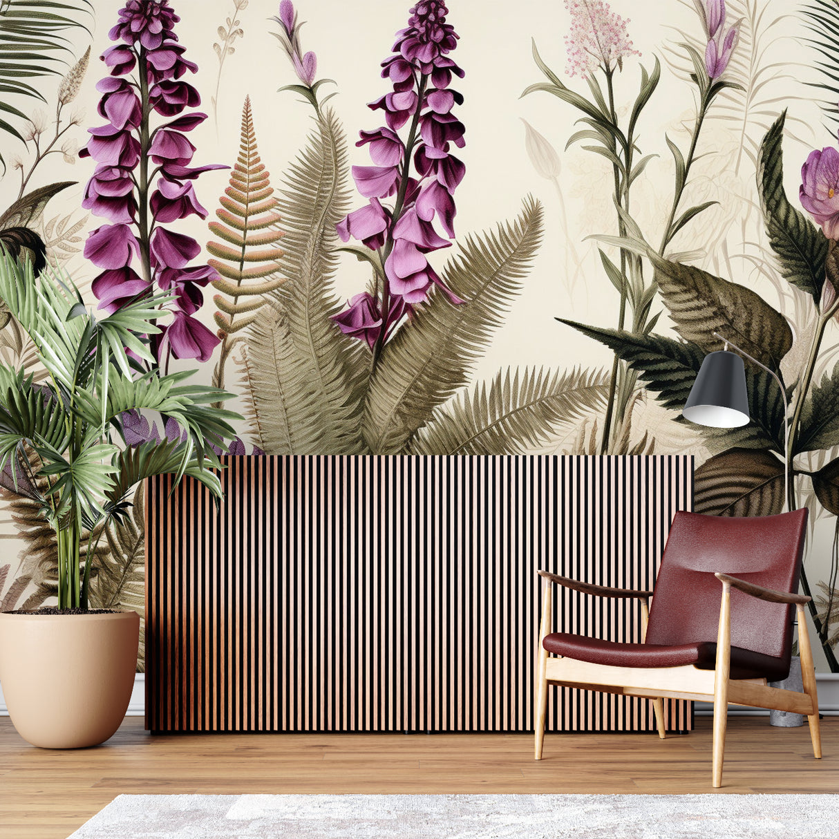 Purple Foxglove botanical wallpaper in a bright living room with modern furniture