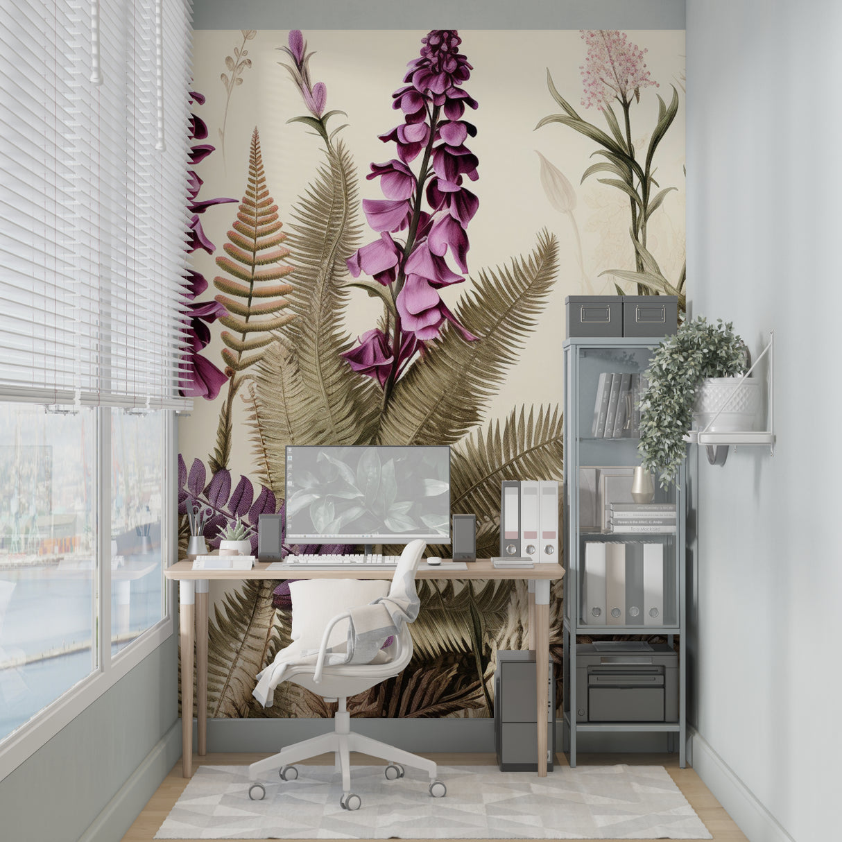 Floral wall mural featuring foxgloves in a cozy bedroom setting