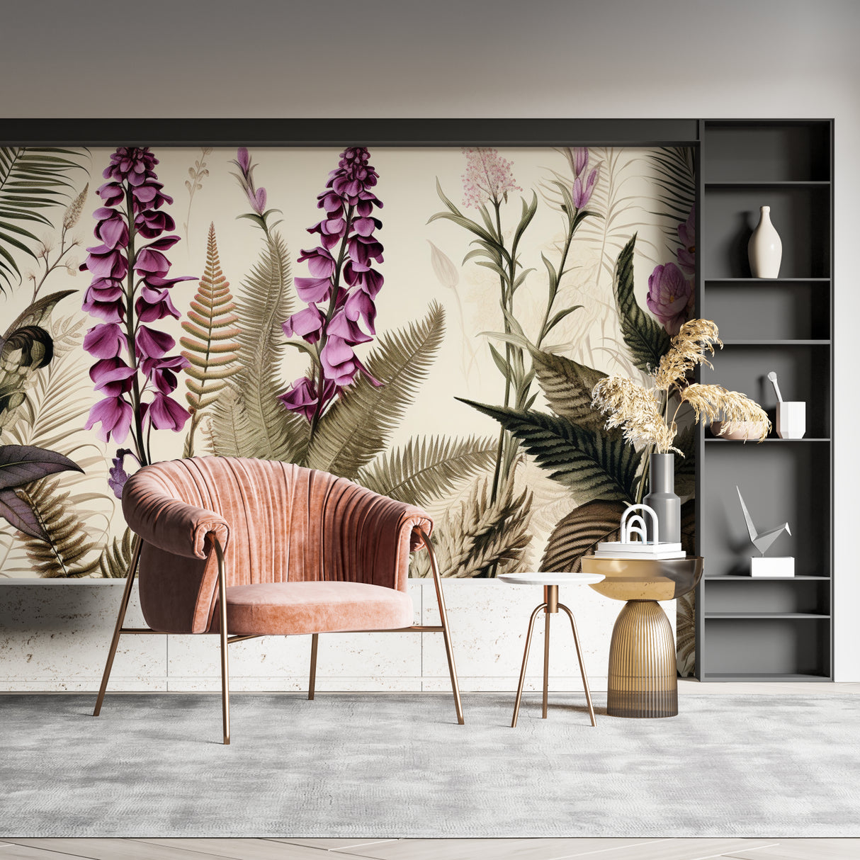 Botanical wallpaper with purple flowers in a home office space