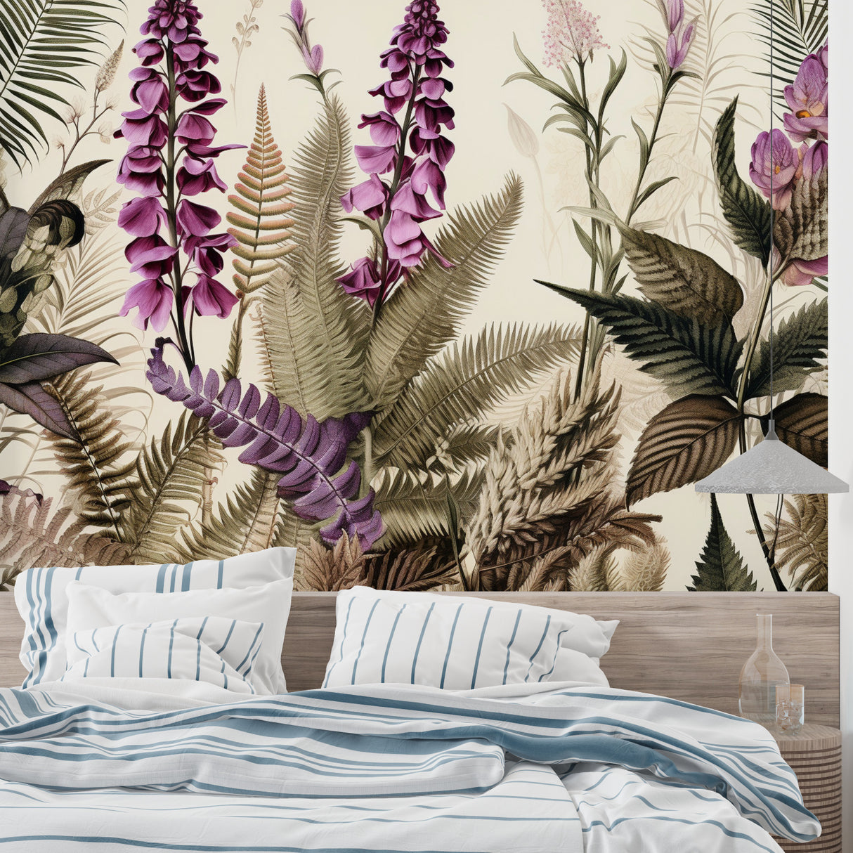 Purple and beige floral wallpaper in an elegant hallway setting