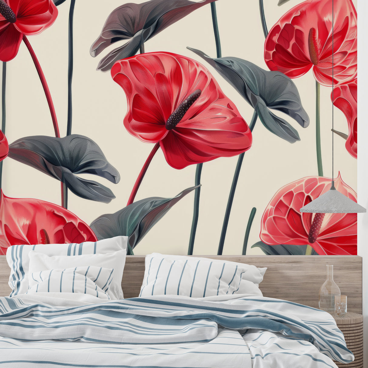 Red Anthurium floral wallpaper creating a stunning accent wall in a modern living room with grey furniture
