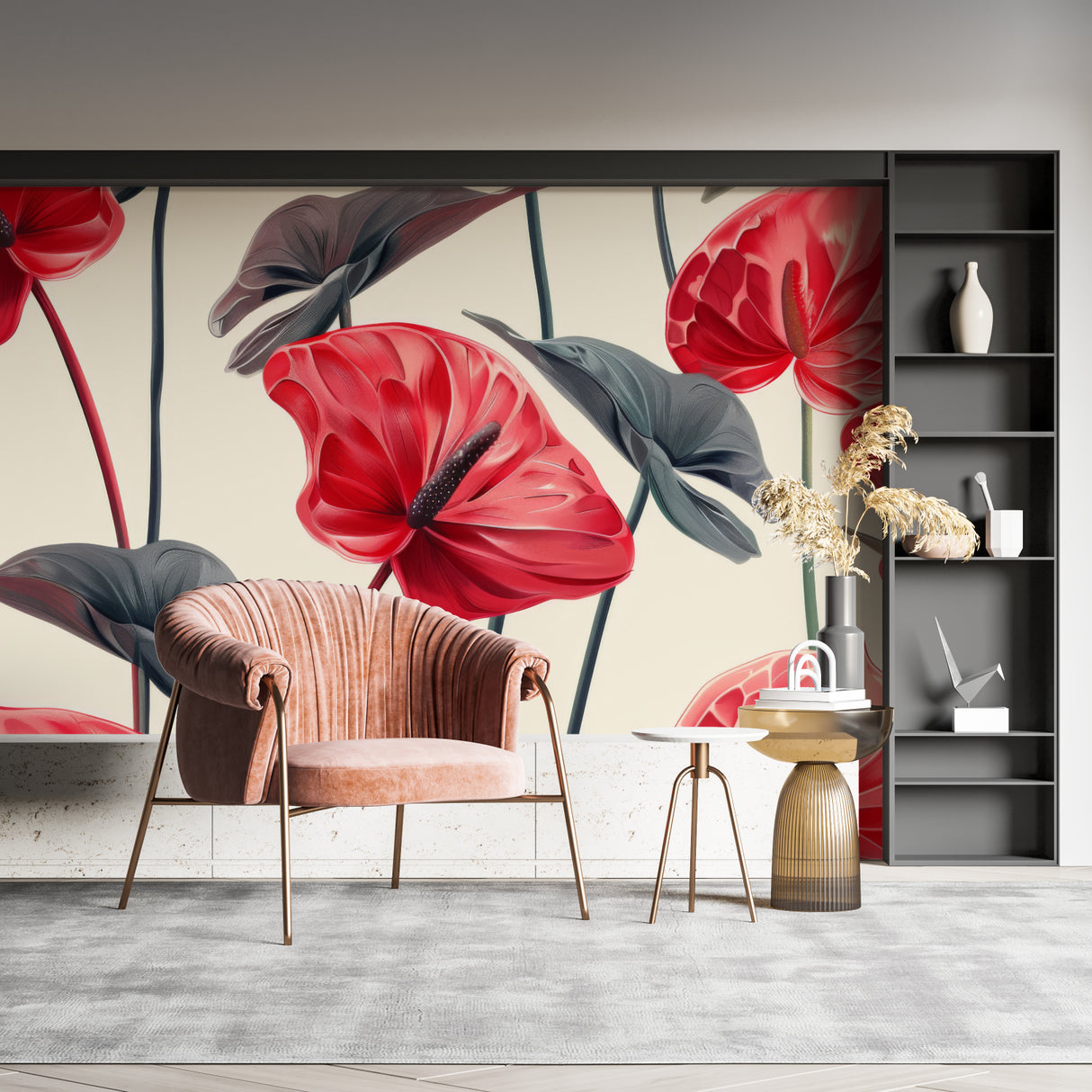 Botanical wallpaper with red Anthurium flowers making a statement in an elegant dining room
