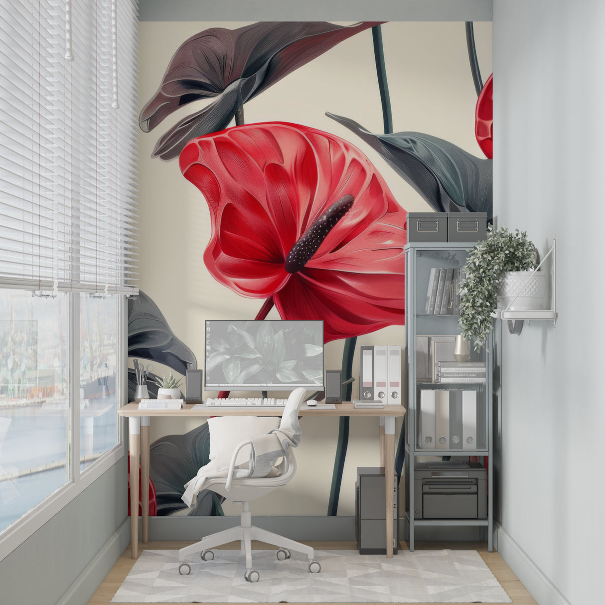 Red and grey floral mural adding depth to a bright home office space