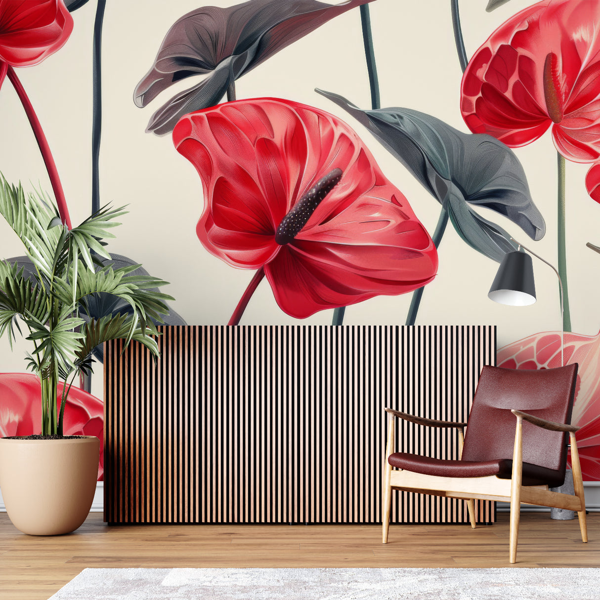 Anthurium wallpaper bringing natural beauty to a master bedroom wall