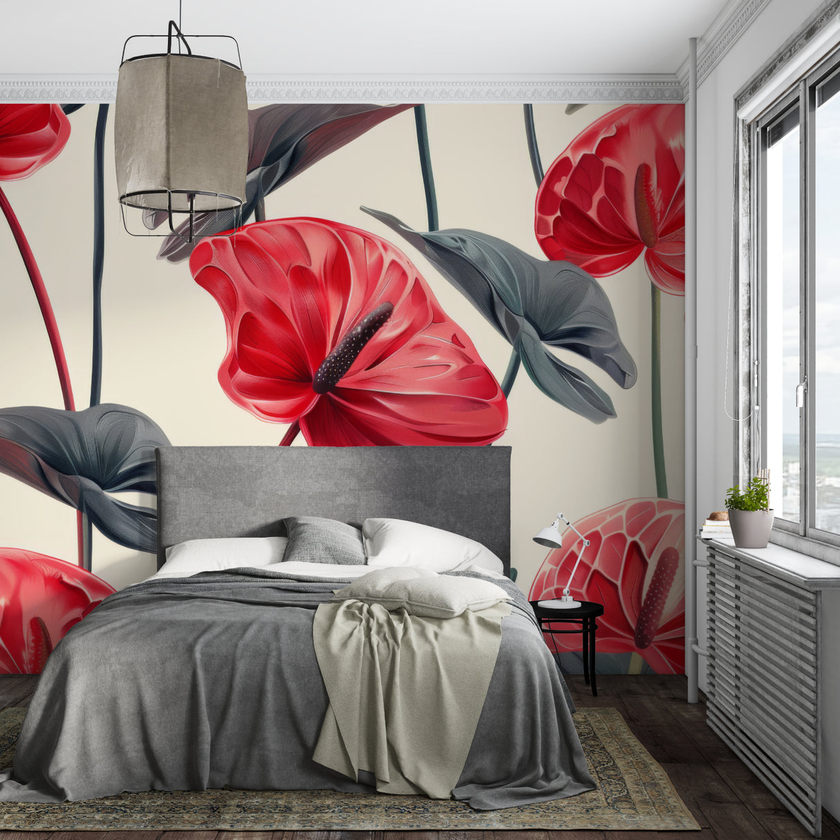 Modern floral wallpaper featuring red Anthuriums in a contemporary hallway