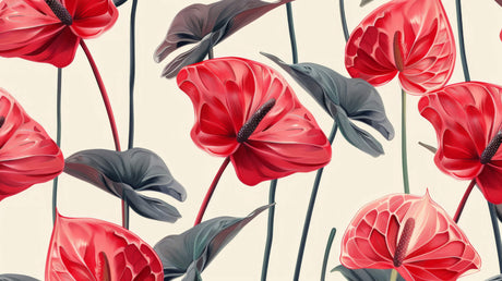 Design file showing detailed red Anthurium flowers with grey leaves pattern on cream background