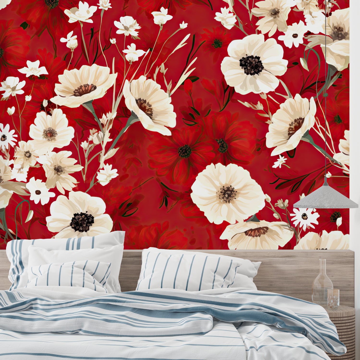 Dramatic poppy wall mural creating focal point in master bedroom
