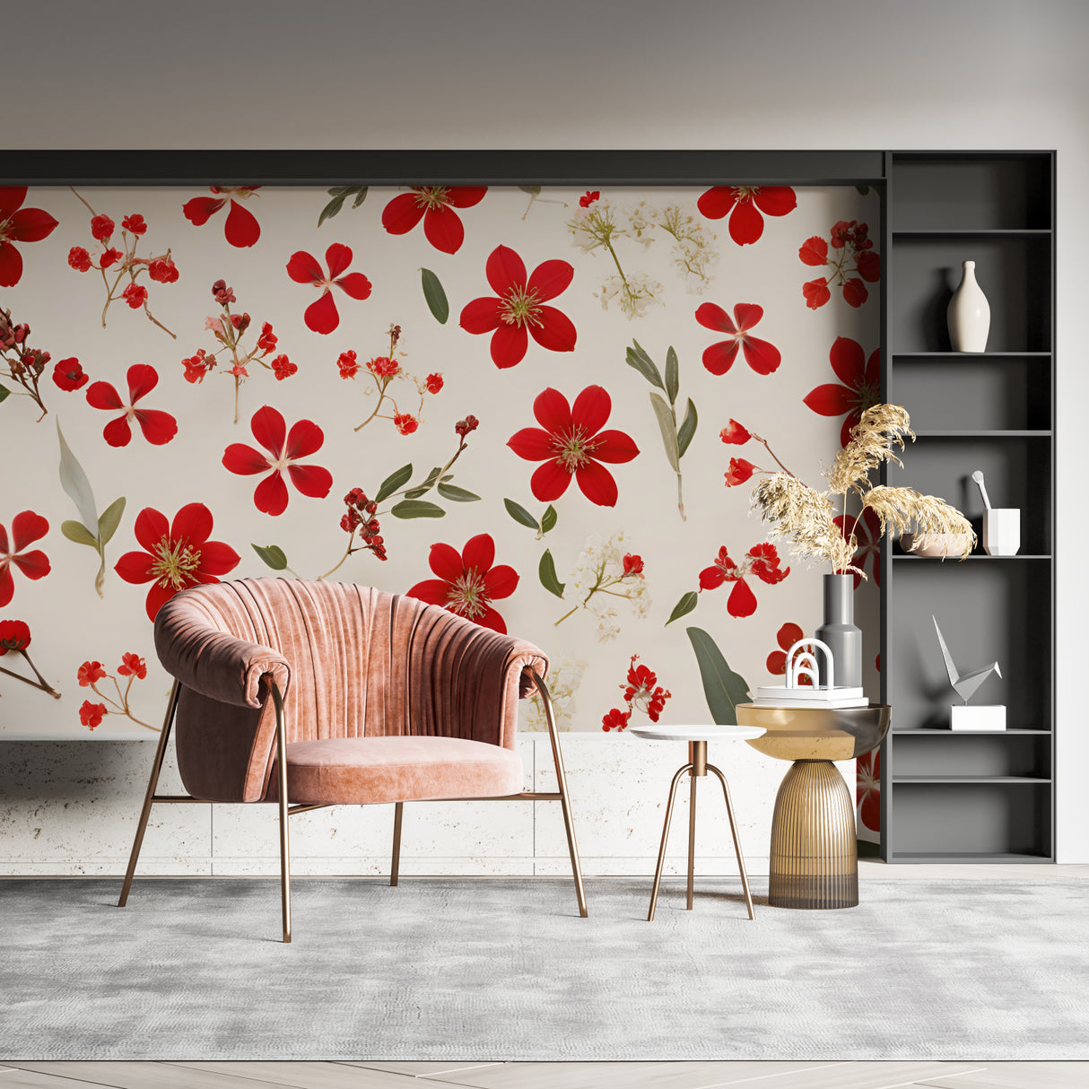 Red floral wallpaper mural in modern living room creating warm, inviting atmosphere