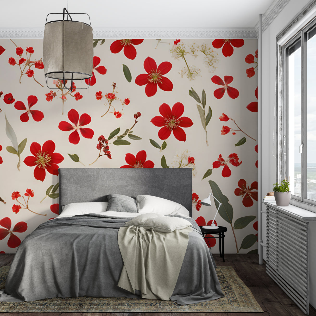 Botanical wall mural with red blooms featured in master bedroom