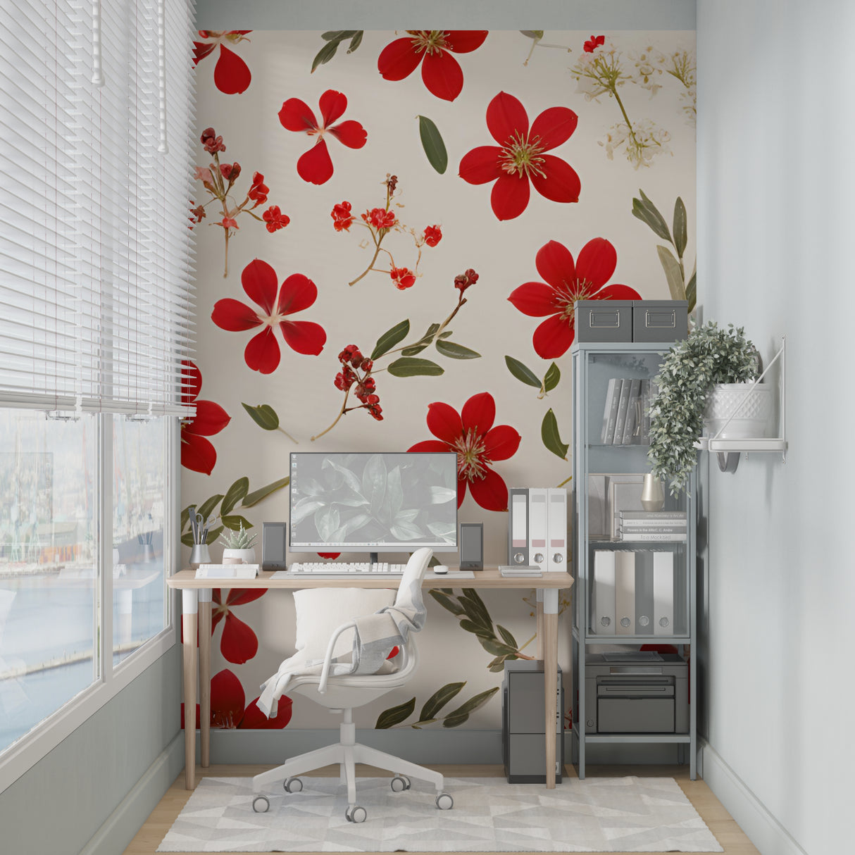 Red flower wallpaper bringing elegance to dining room wall