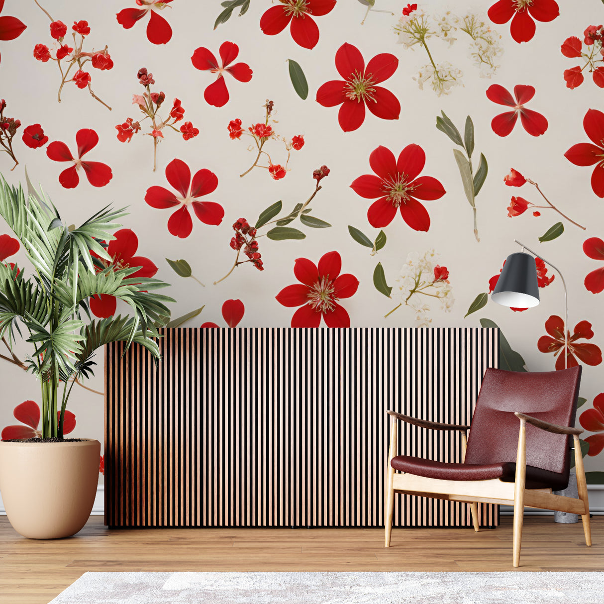 Red and beige floral mural in hallway entrance