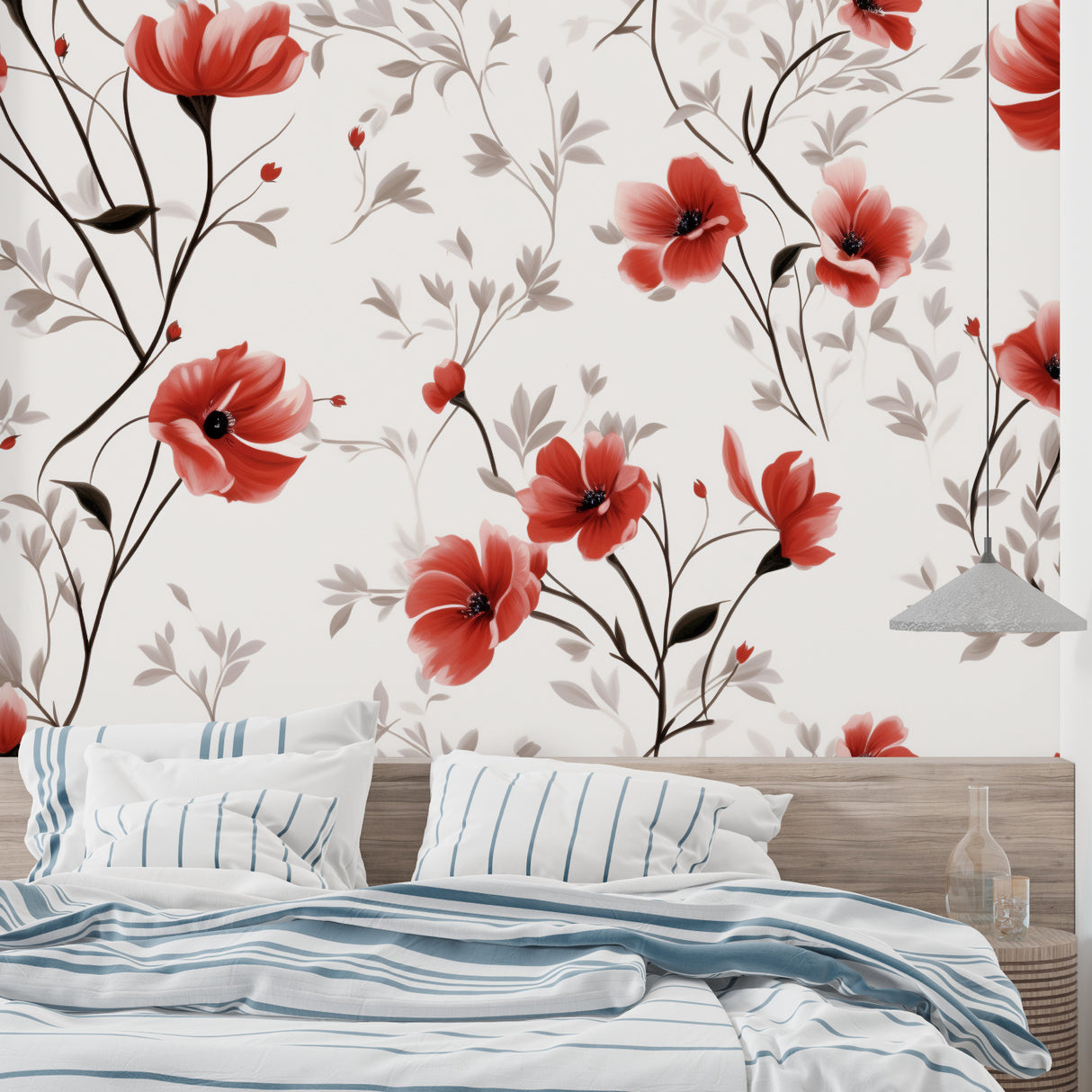 Botanical wall mural with red poppies in cozy bedroom setting