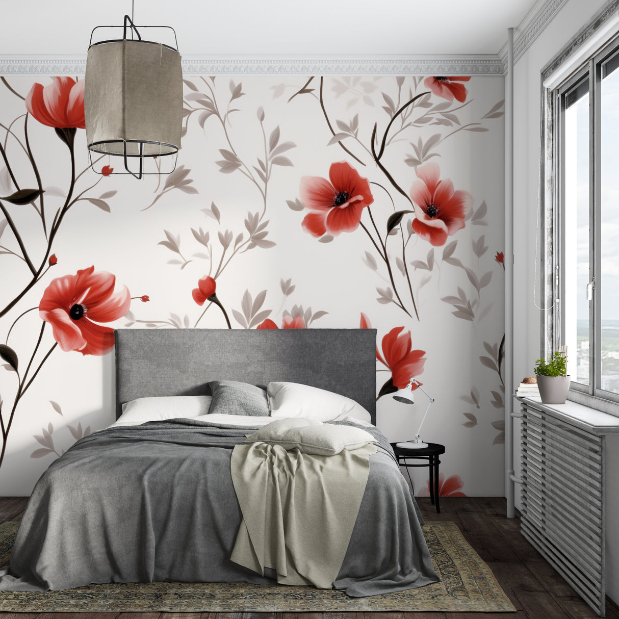 Red poppy wallpaper creating stunning accent wall in dining room