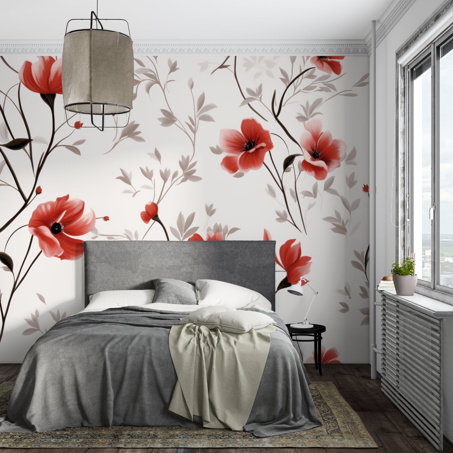 Red poppy wallpaper creating stunning accent wall in dining room