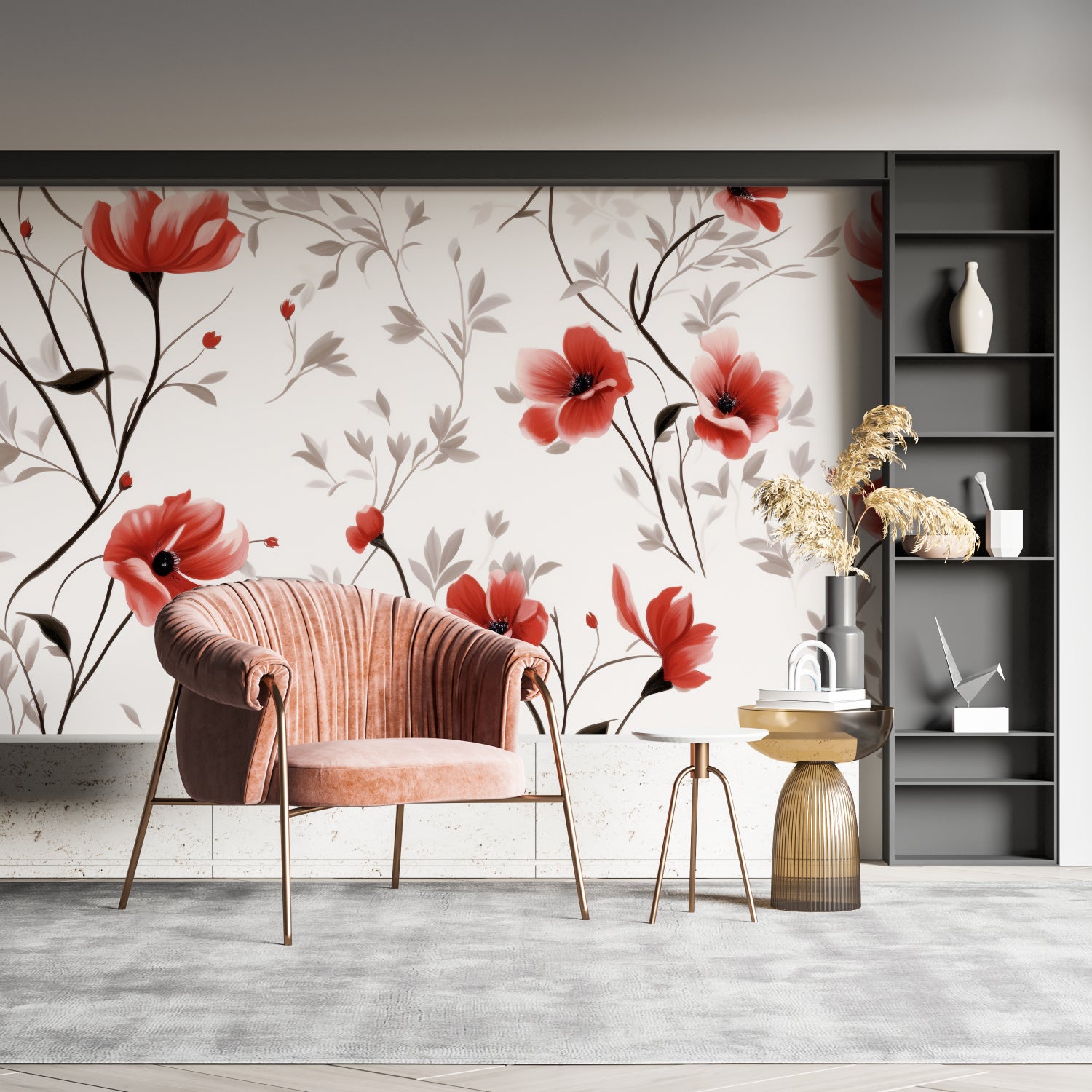 Floral mural with grey leaves in bright home office space