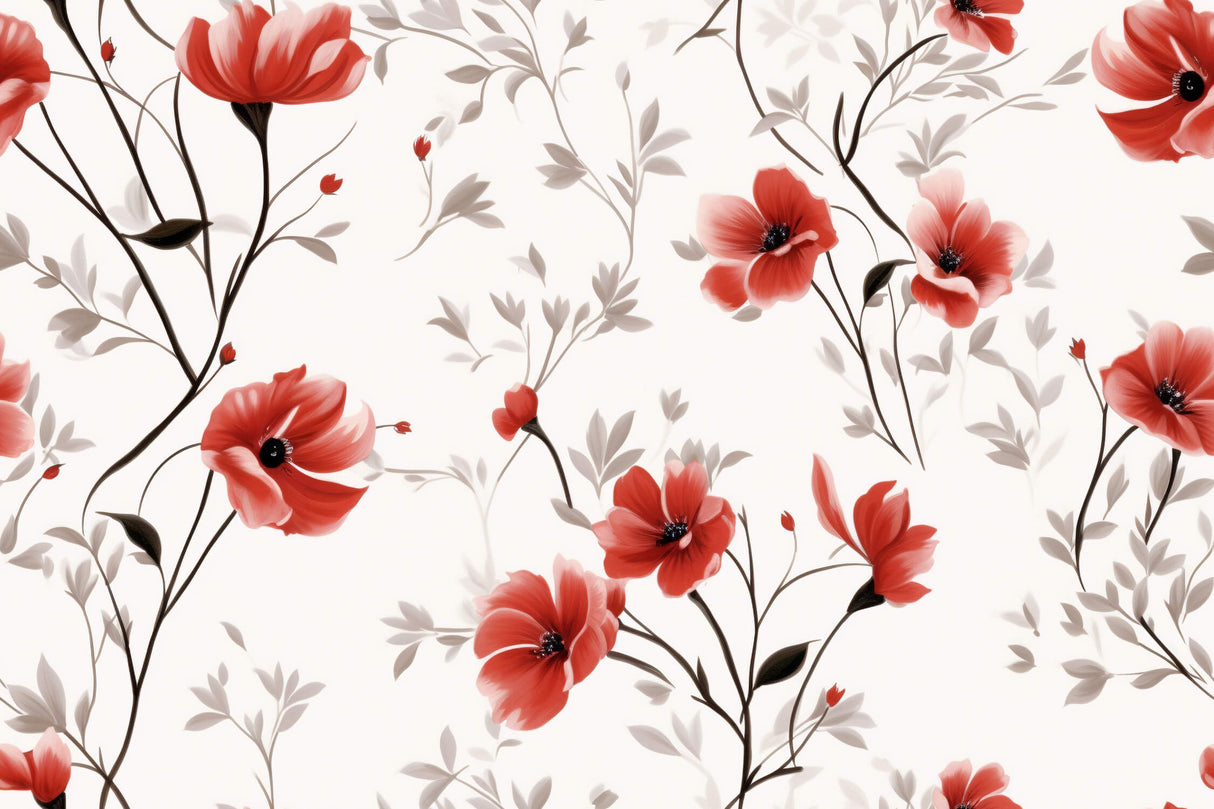 Red poppies and grey leaves design file showing intricate floral pattern and texture details