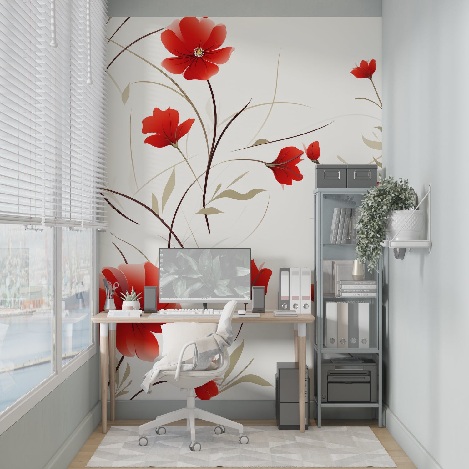 Red and white floral wallpaper making statement in contemporary bedroom