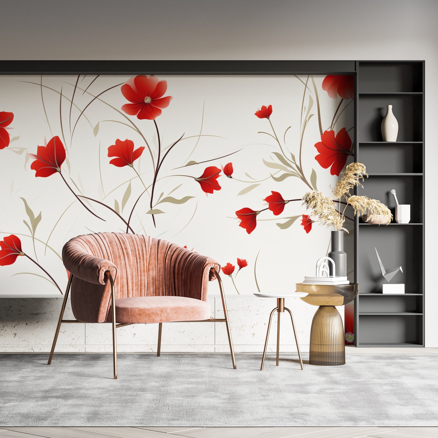 Red poppy wall design adding charm to neutral hallway space