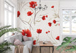 Red Poppies Wallpaper Mural in bright modern living room, showing scale of floral pattern