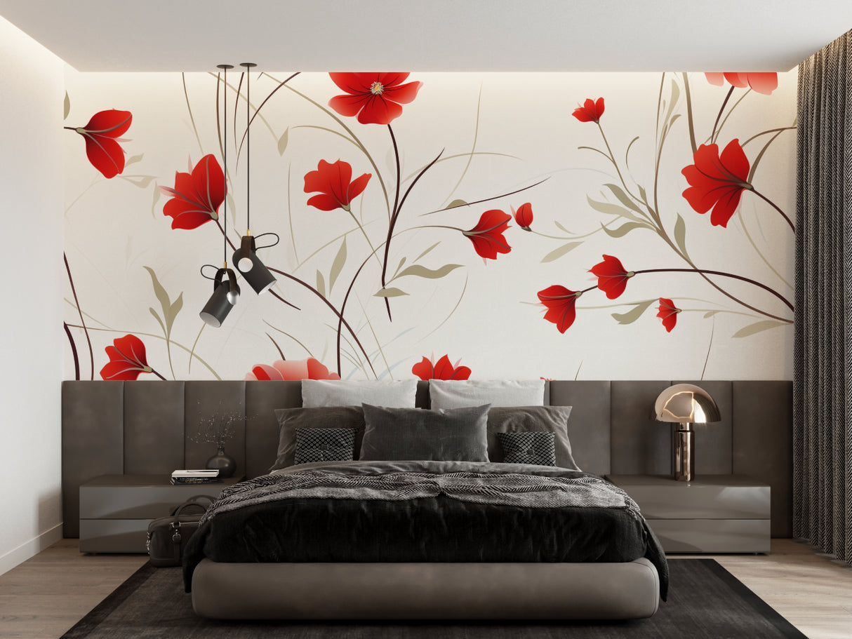 Floral Wall Mural featuring red poppies in cozy bedroom setting