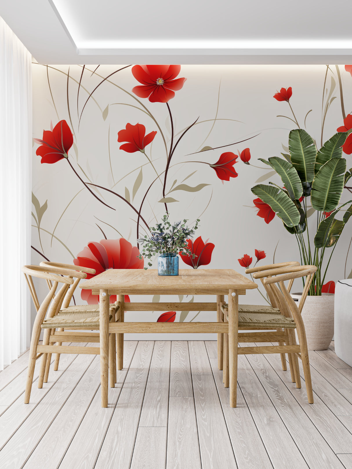 Botanical Wallpaper with red poppies making statement in dining room