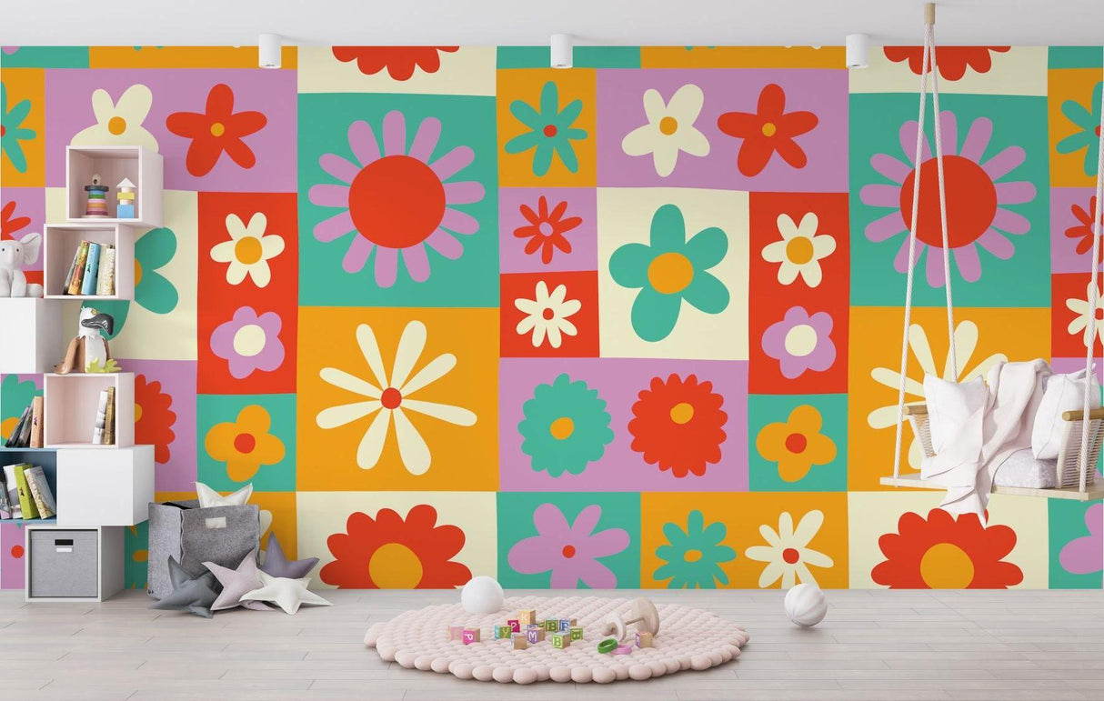 Retro floral wallpaper bringing cheerful vibes to a modern playroom with geometric flower pattern in orange and mint