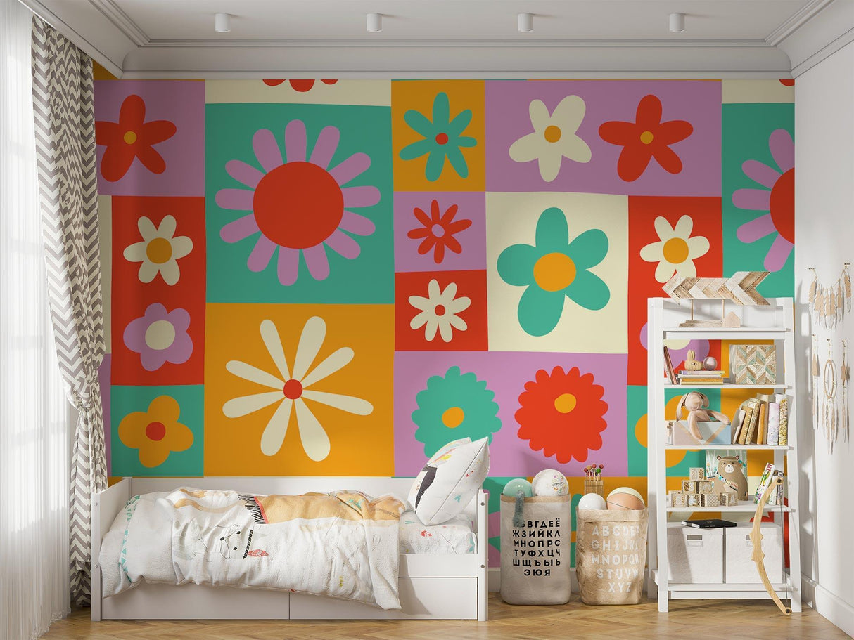Geometric flower wallpaper creating a happy mood in a creative home office space
