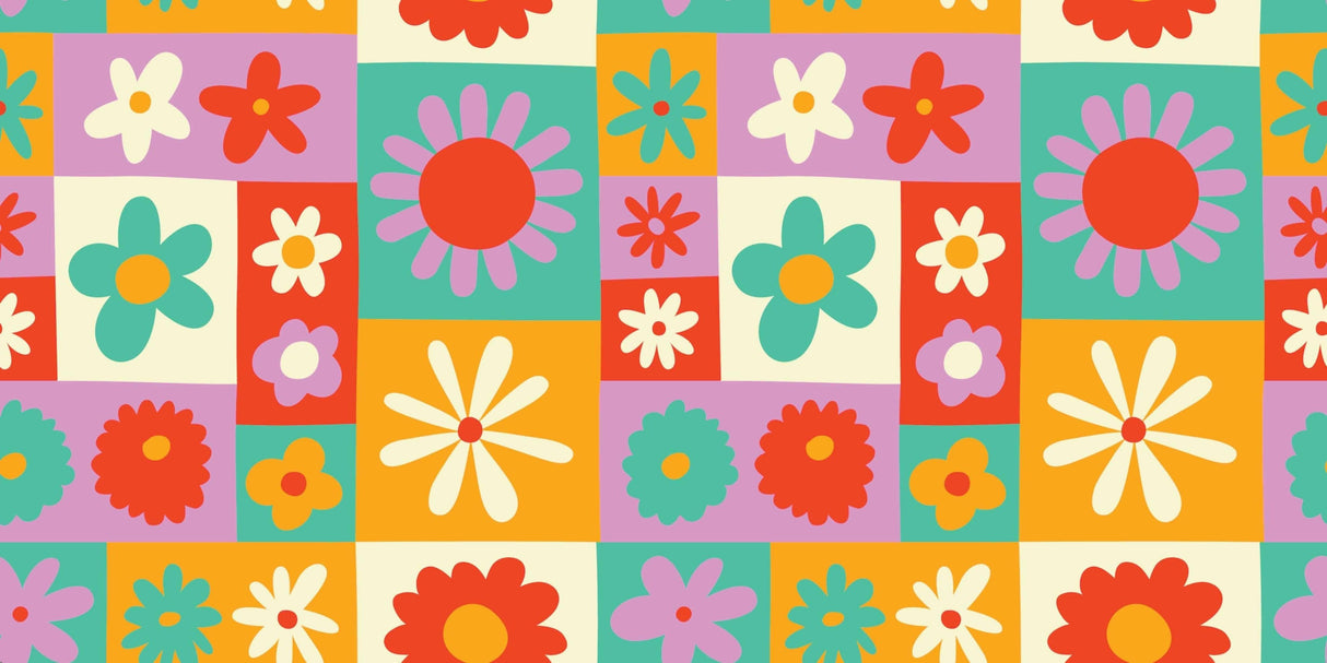 Retro floral geometric pattern design file showing detailed flower motifs and color blocks