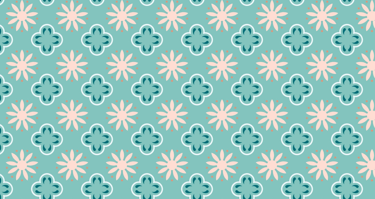 Retro geometric floral pattern design file showing turquoise and coral color scheme