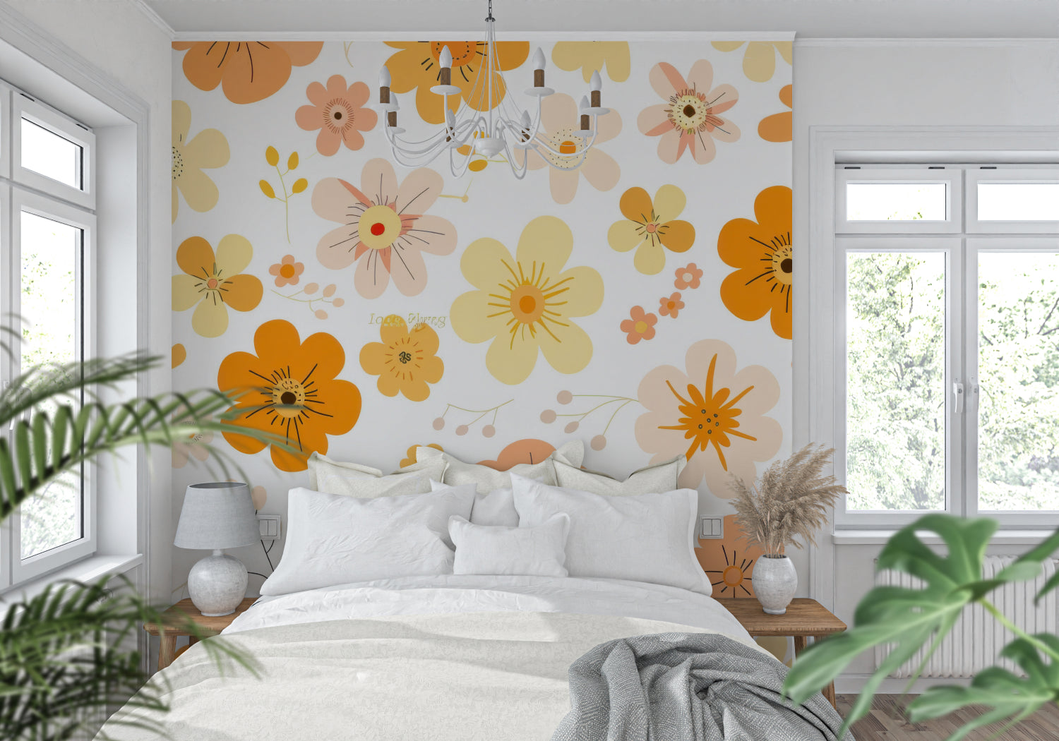 Mid-century inspired floral pattern adding charm to a bedroom wall