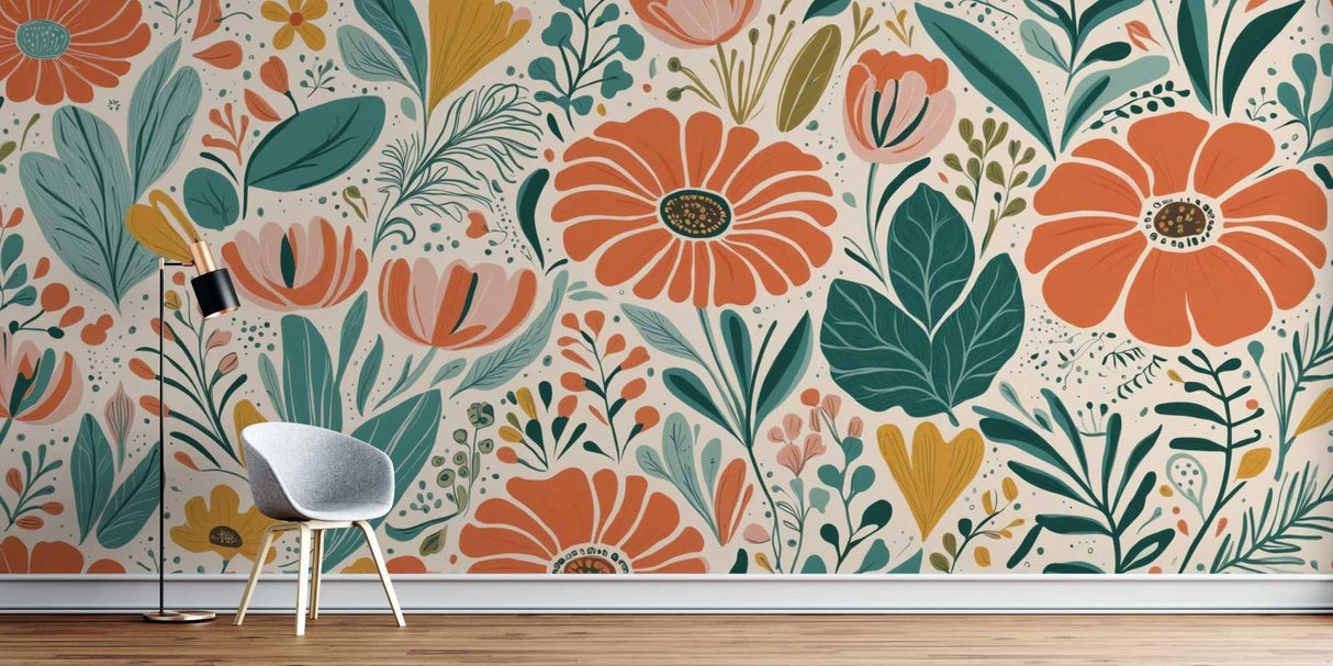 Retro orange floral wallpaper brightening a modern living room with teal accents and natural light