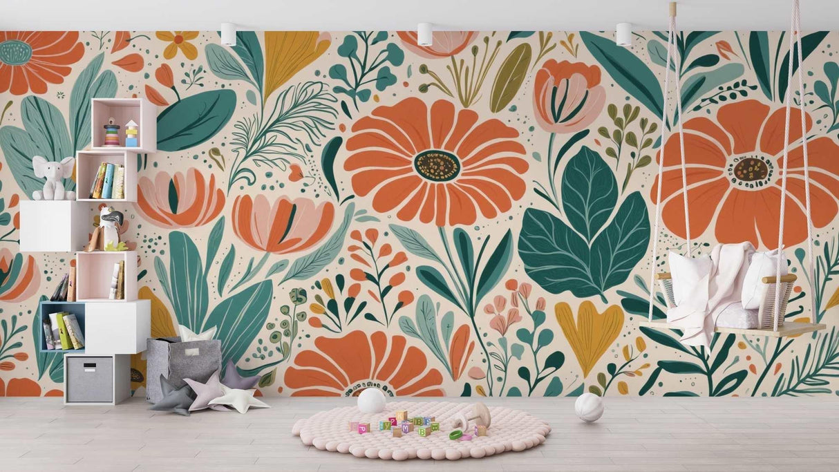 Vintage floral wall mural creating a cozy atmosphere in a home office with wooden furniture