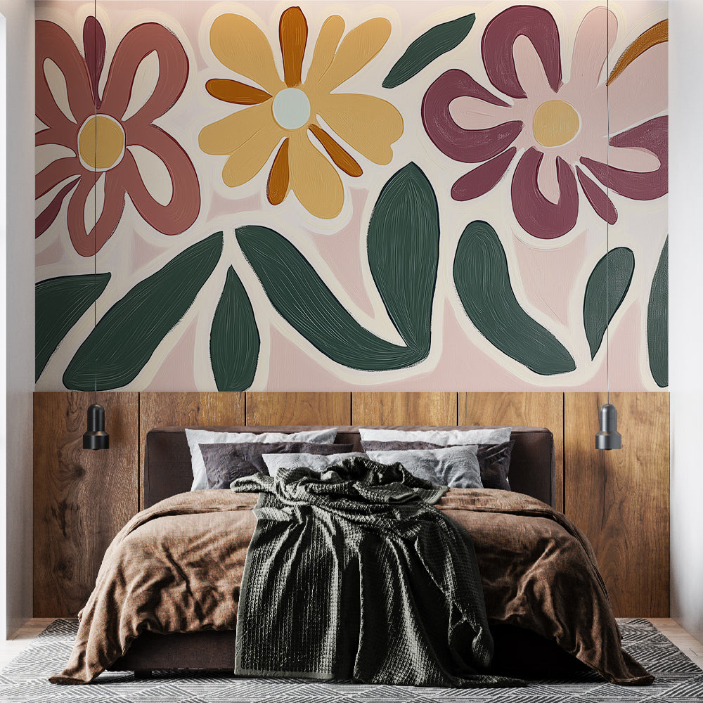 Retro floral wallpaper with oversized blooms bringing warmth to a modern living room with mid-century furniture