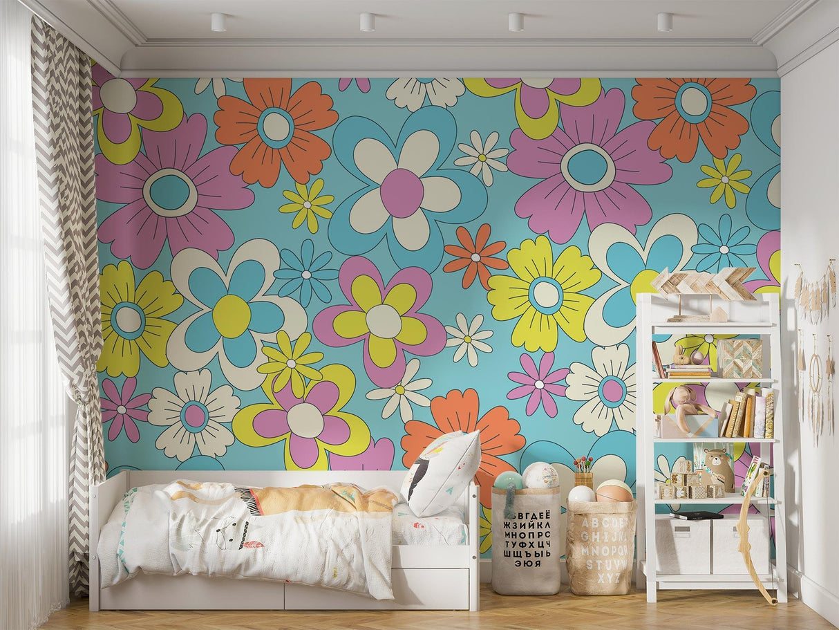 Retro floral wallpaper creating a cheerful atmosphere in a bright modern living room with mid-century furniture