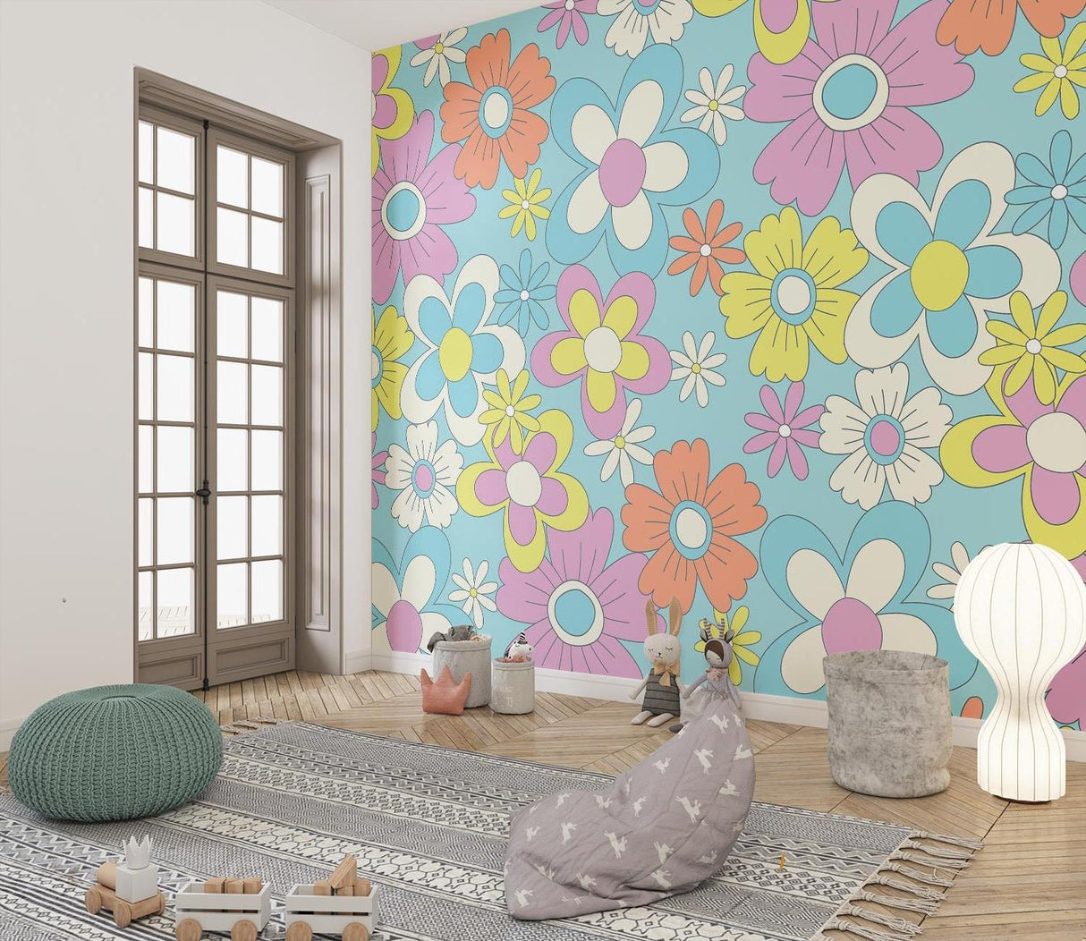 Vintage pastel flower pattern wallpaper bringing warmth to a cozy bedroom with natural light