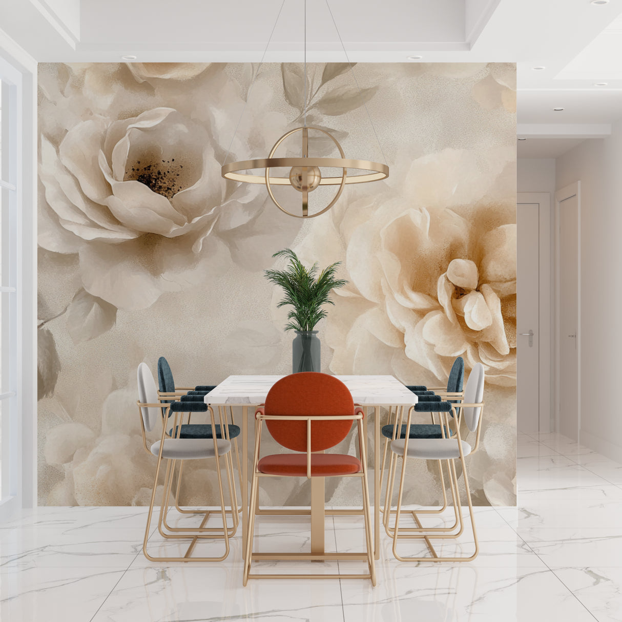 Beige rose wallpaper mural in a bright living room creating an elegant backdrop for modern furniture