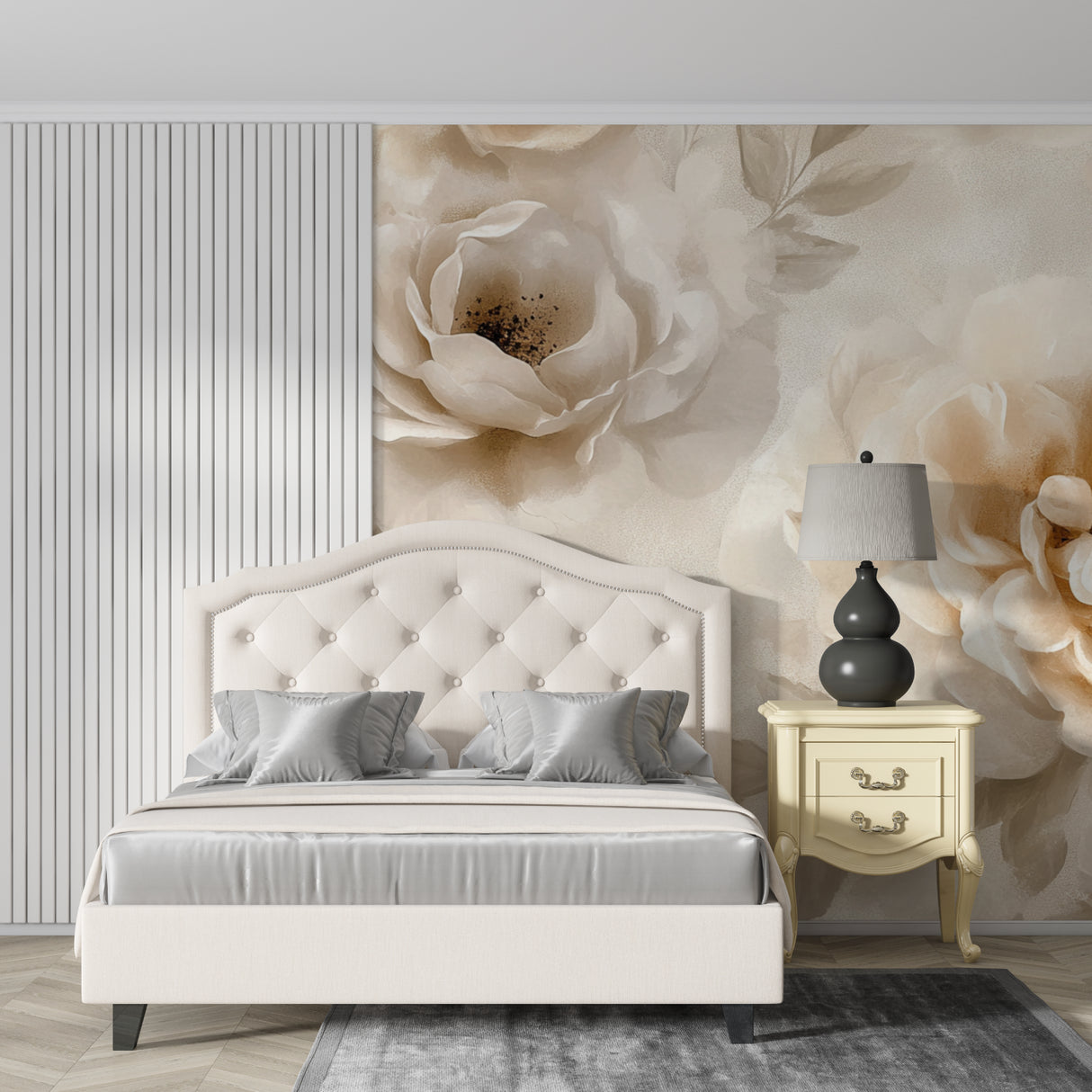 Watercolor rose wall mural bringing soft elegance to a master bedroom with neutral decor