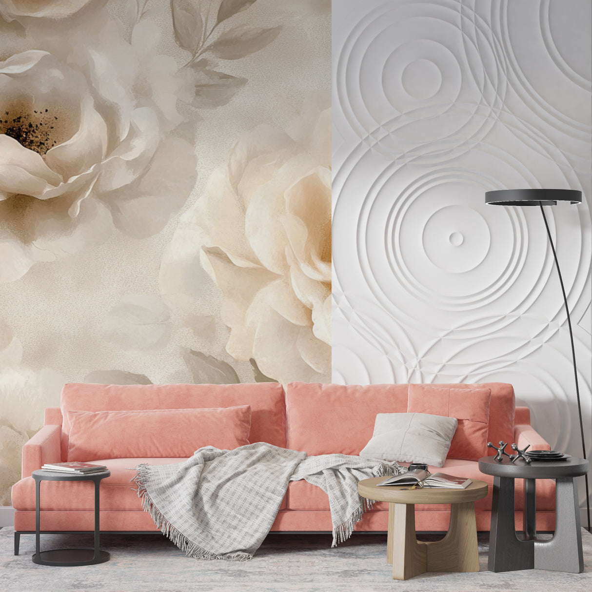 Floral mural wallpaper in beige tones making a dining room feel warm and inviting