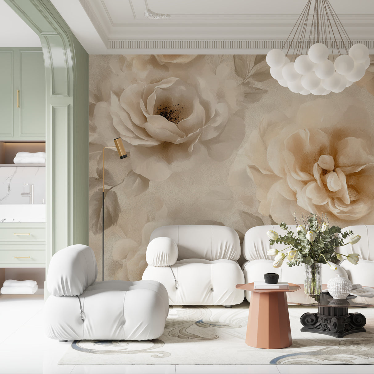 Rose wall mural in soft beige creating a peaceful atmosphere in a home office space