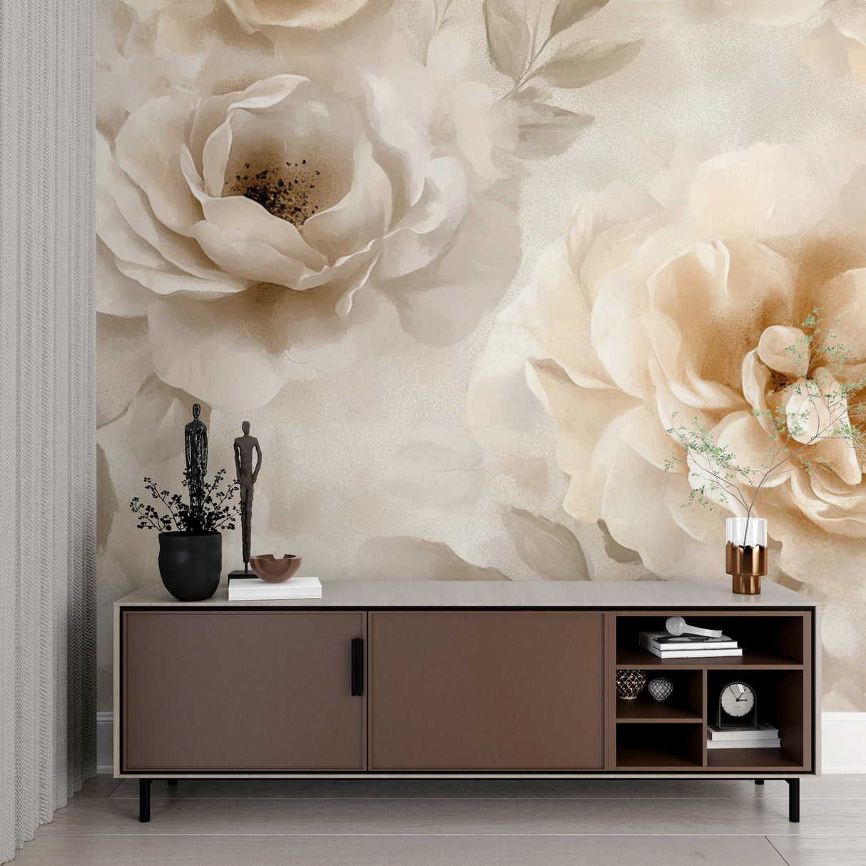 Beige watercolor roses adding elegant charm to an entryway with modern furnishings