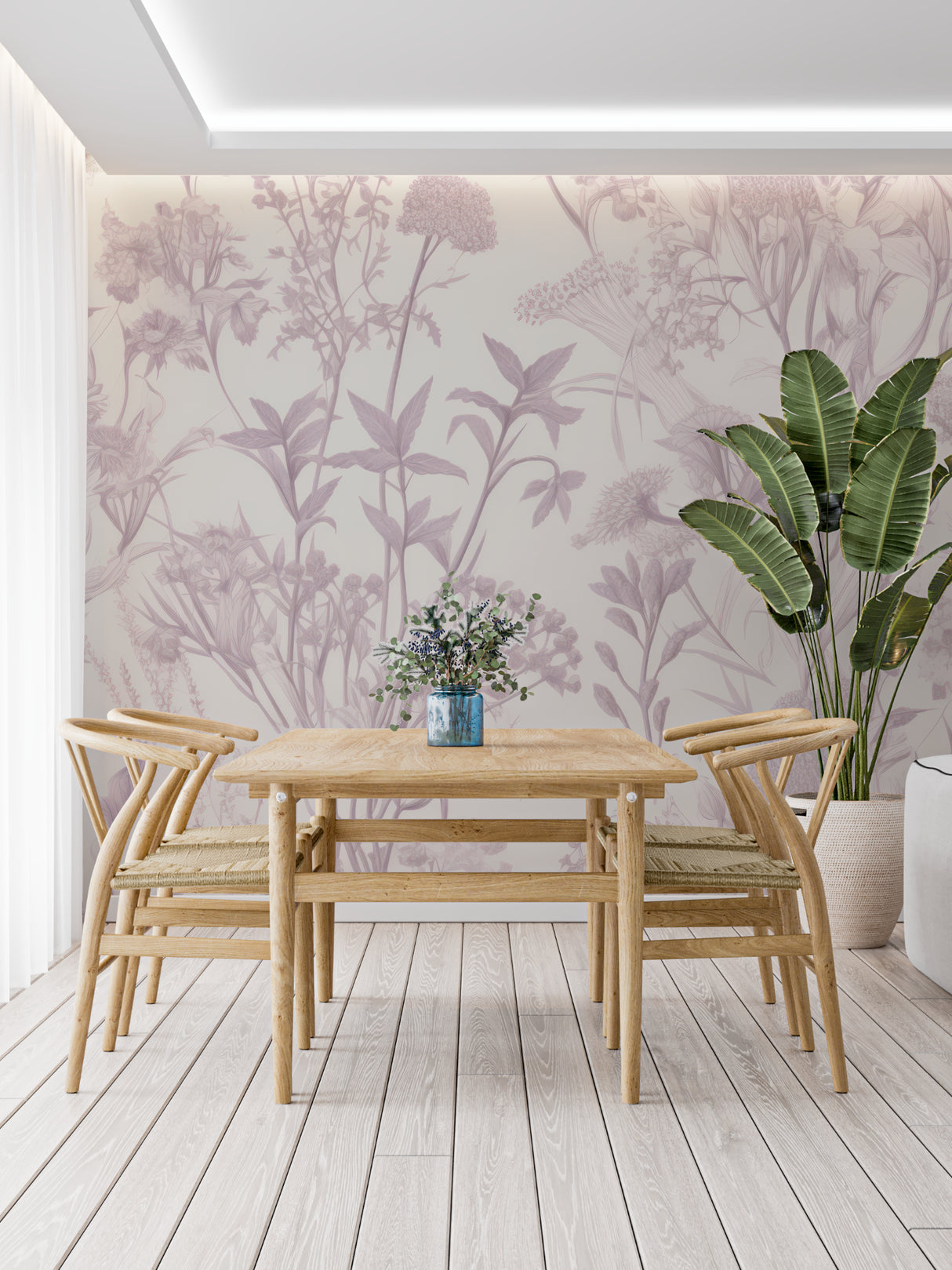 Mauve floral wallpaper mural in bright modern living room with natural light streaming through windows