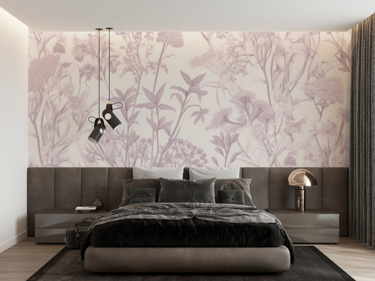 Botanical wall mural creating soft ambiance in master bedroom with neutral furnishings
