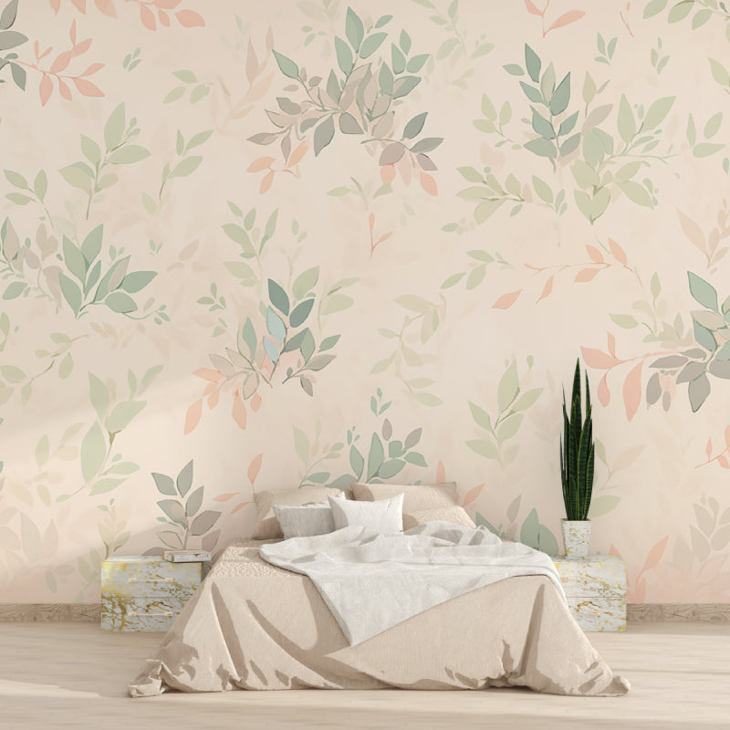 Floral leaf wallpaper creating a calm atmosphere in a bright living room with natural light