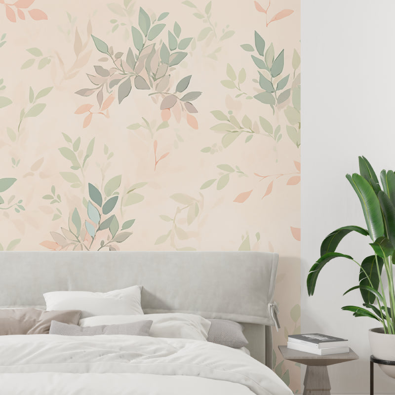 Pastel botanical wallpaper adding softness to a modern bedroom with minimal furniture