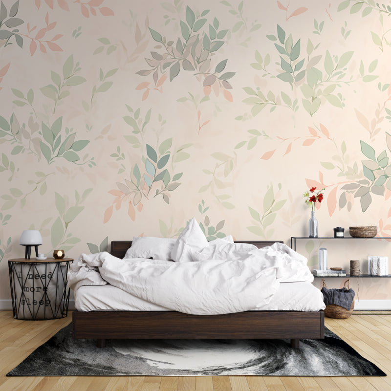 Gentle leaf pattern mural wallpaper in a dining room setting with wooden table