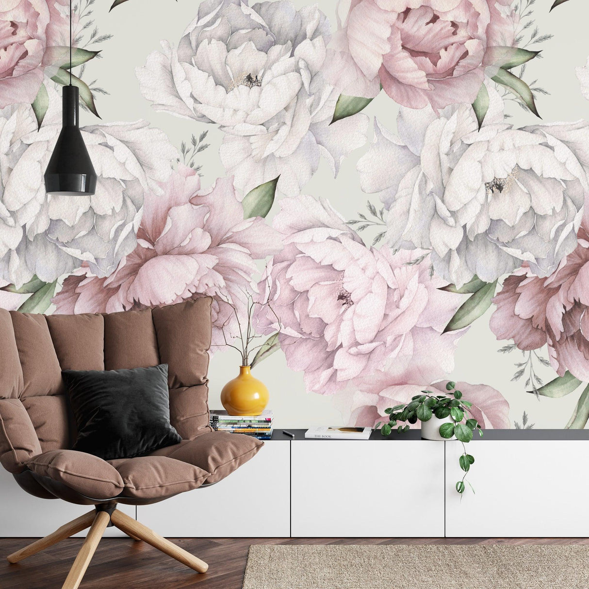 Pink Peony Wallpaper transforms a bright modern bedroom with soft floral beauty