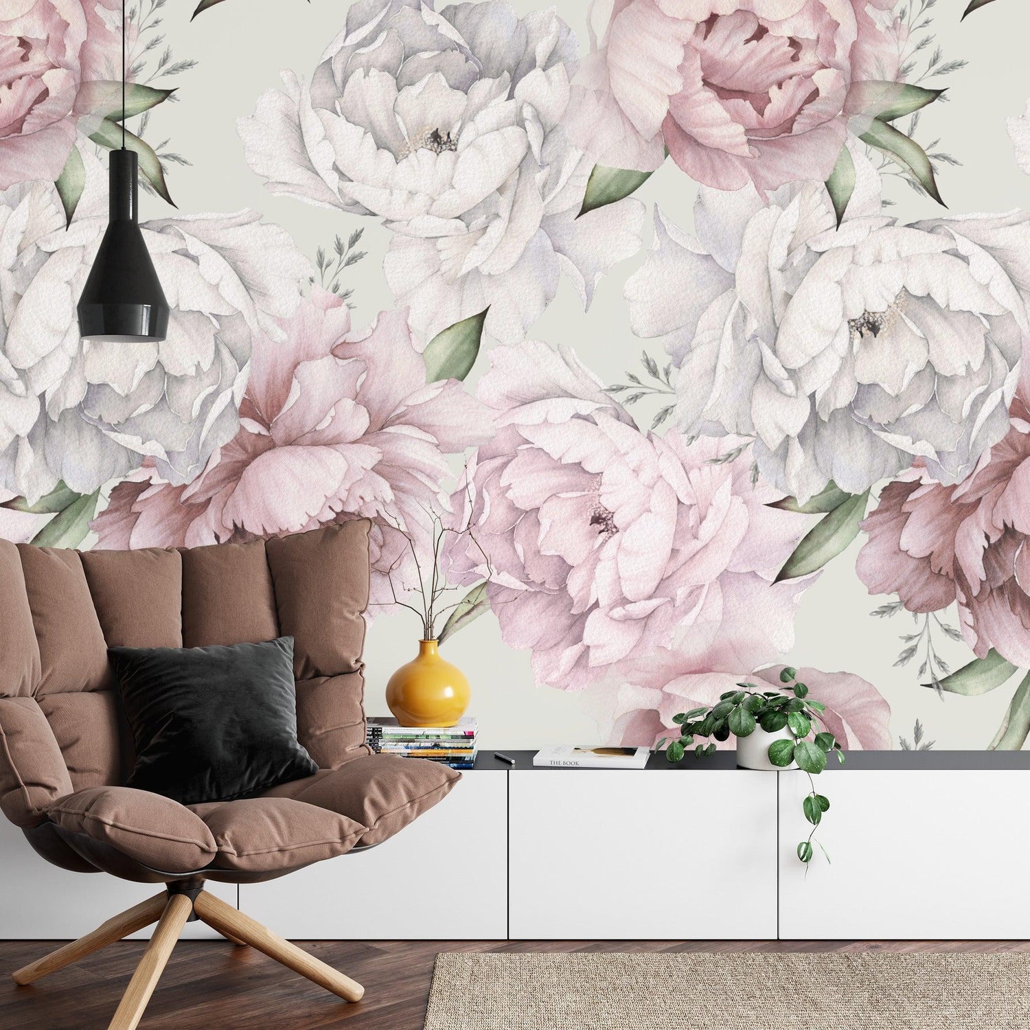 Pink Peony Wallpaper transforms a bright modern bedroom with soft floral beauty