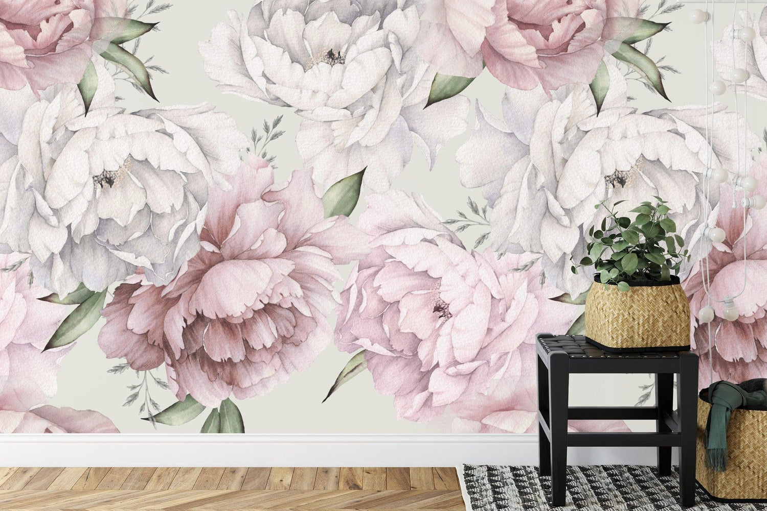 Elegant living room featuring Pink and White Peony Mural Wallpaper